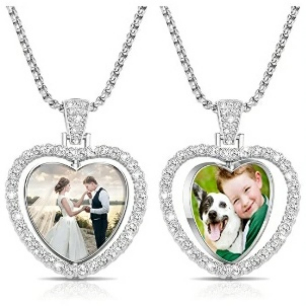 Double Sided Rhinestone Photo Heart Pendant in White Rose & Gold